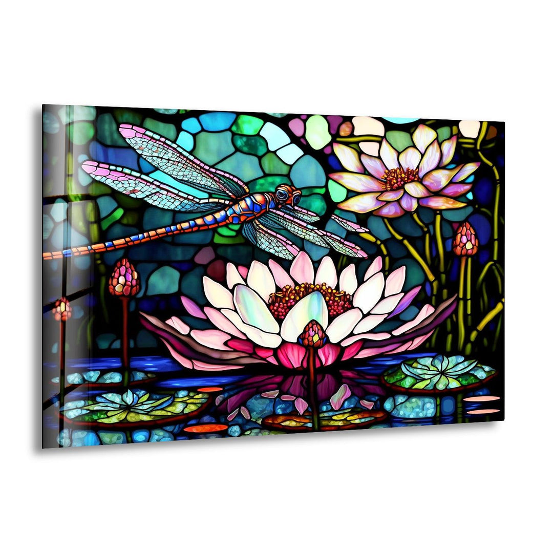 Stained Glass Dragonfly With Flower Glass Wall Art, print picture on glass, Tempered Glass Wall Art