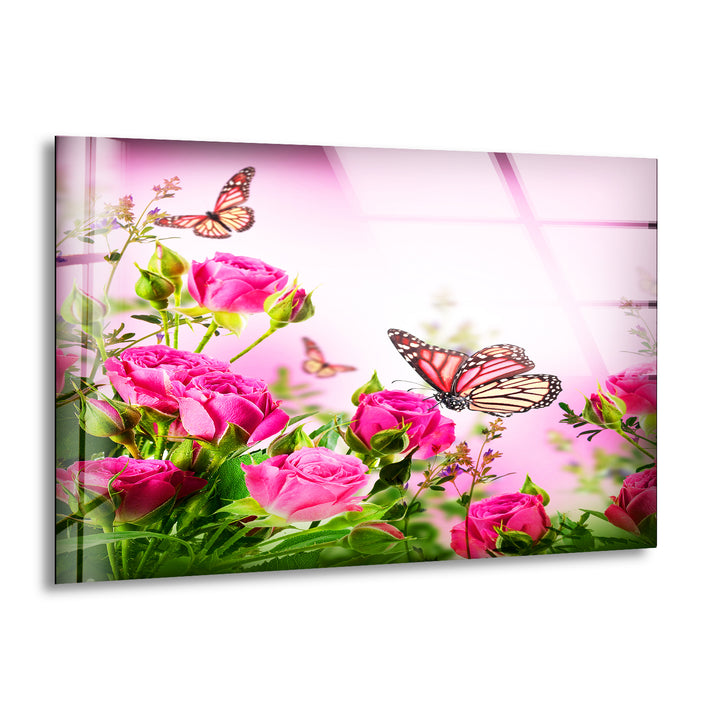 Pink Rose Butterfly Glass Wall Art, print picture on glass, Tempered Glass Wall Art