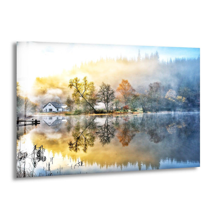 Lake & House Landscape Glass Wall Art glass art painting, glass art for the Wall