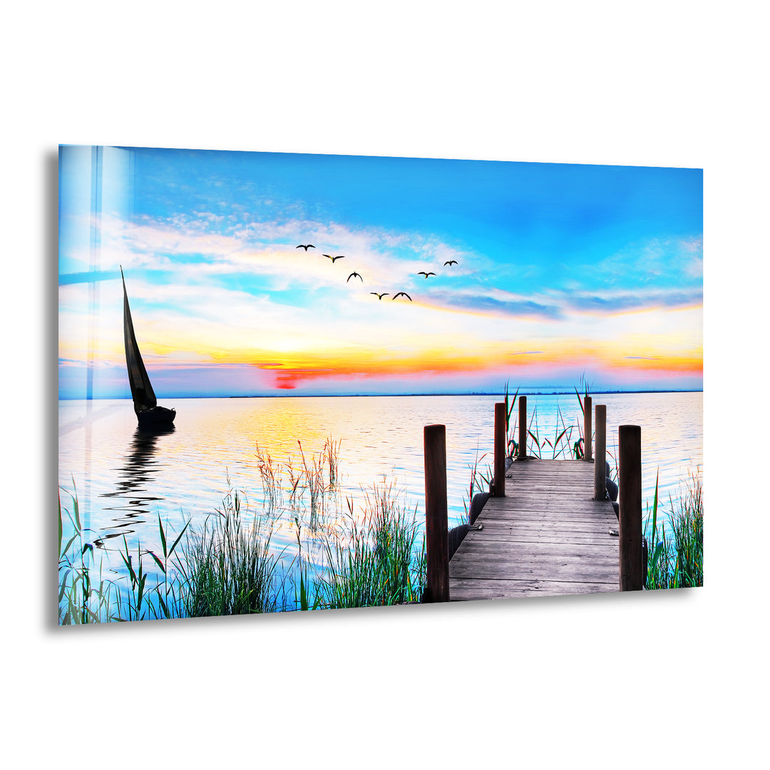 Sunset Birds Pier Glass Wall Art glass pictures for Wall, glass prints wall art 