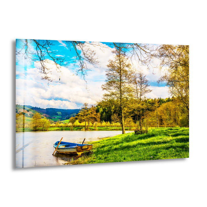 Lake Landscape With Boat Glass Wall Art print on glass, glass printed photos