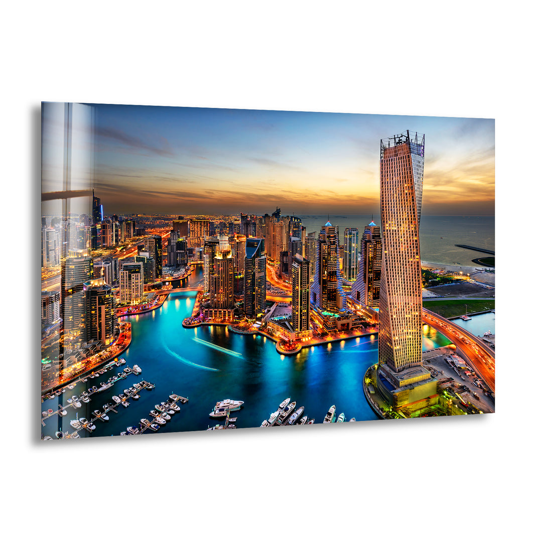 Dubai Skyline Glass Wall Art custom glass photo prints, large glass prints