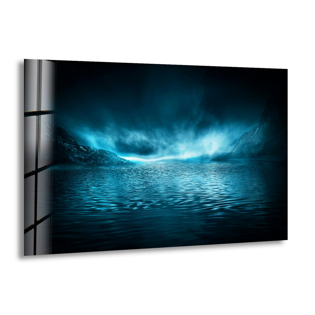 Futuristic Blue Light Glass Wall Art photo print on glass, prints on glass wall art