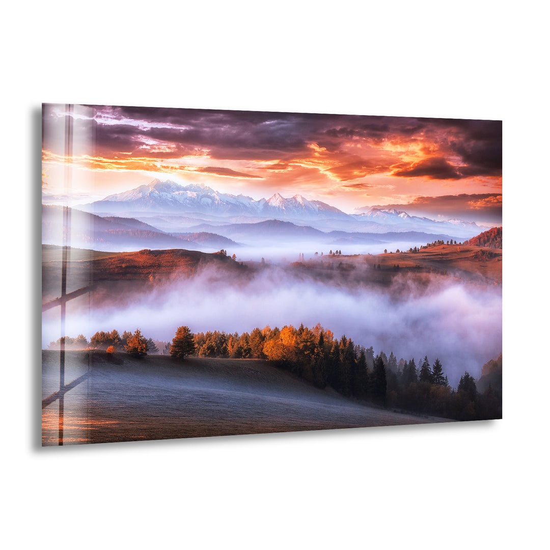 Foggy Sunrise Mountain Glass Wall Art art glass wall art, glass wall art pictures