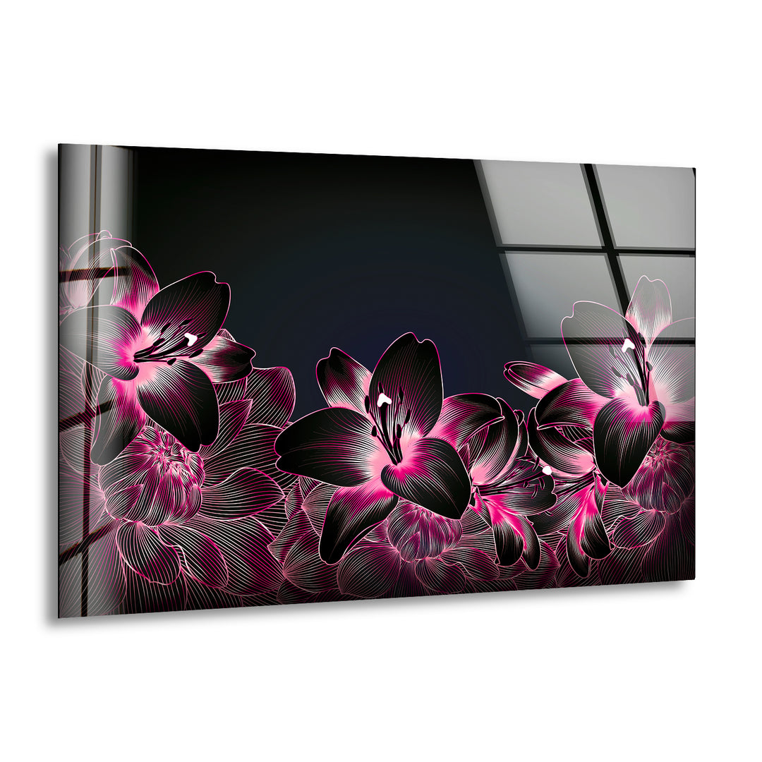 Pink Botanical Floral On Black Glass Wall Art, print picture on glass, Tempered Glass Wall Art
