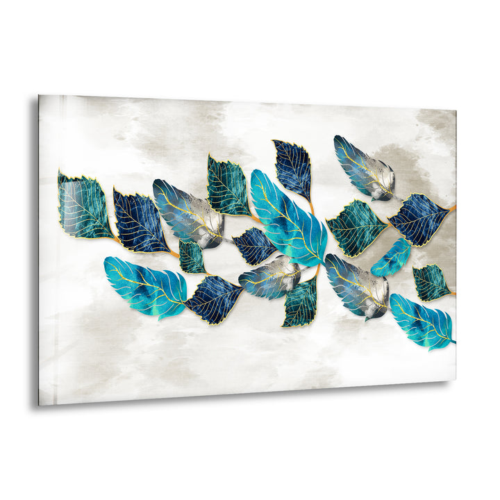 Blueish Golden Leaves Glass Wall Art, print on glass, glass printed photos