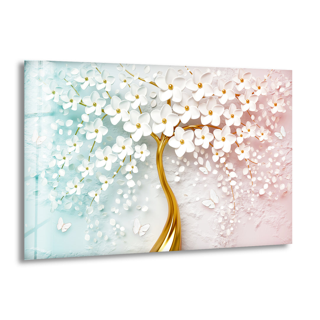 Golden Tree-White Flowers Glass Wall Art, print on glass, glass printed photos