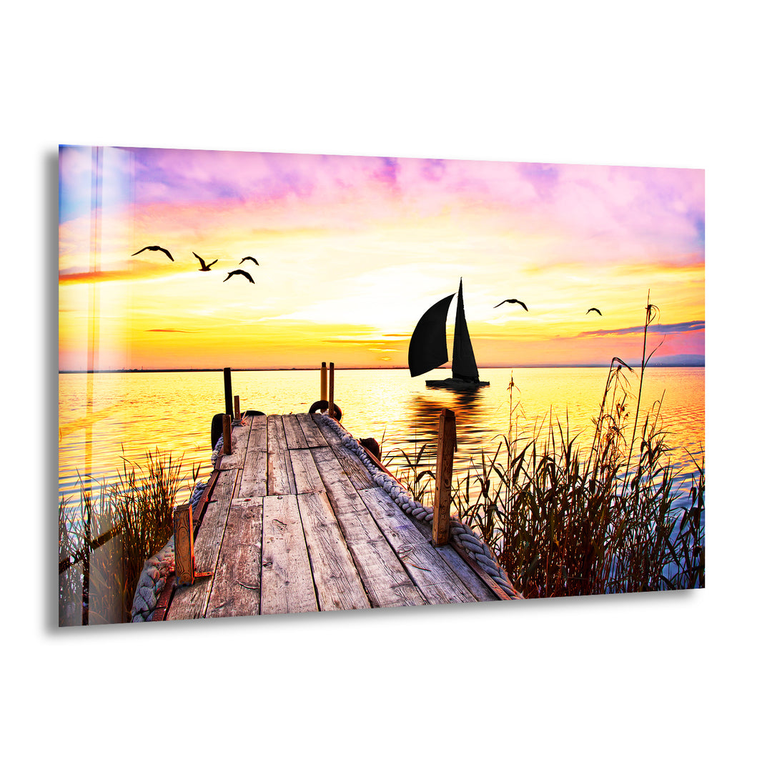 Dock Sunset Landscape Glass Wall Art photo print on glass, prints on glass wall art