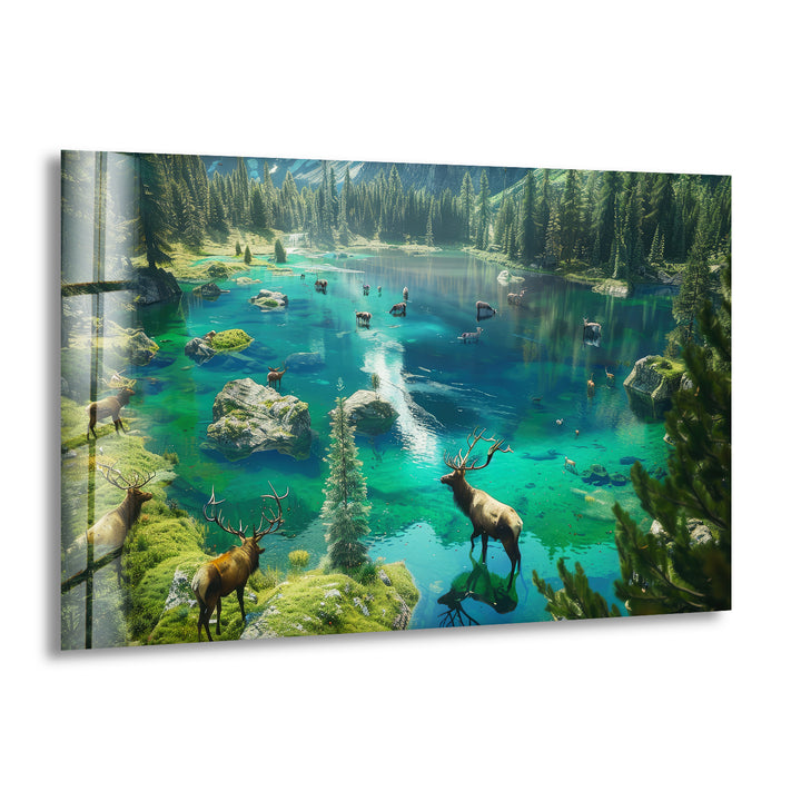 Green Lake & Deers Glass Wall Art Glass Printing Wall Art, Print photos on glass