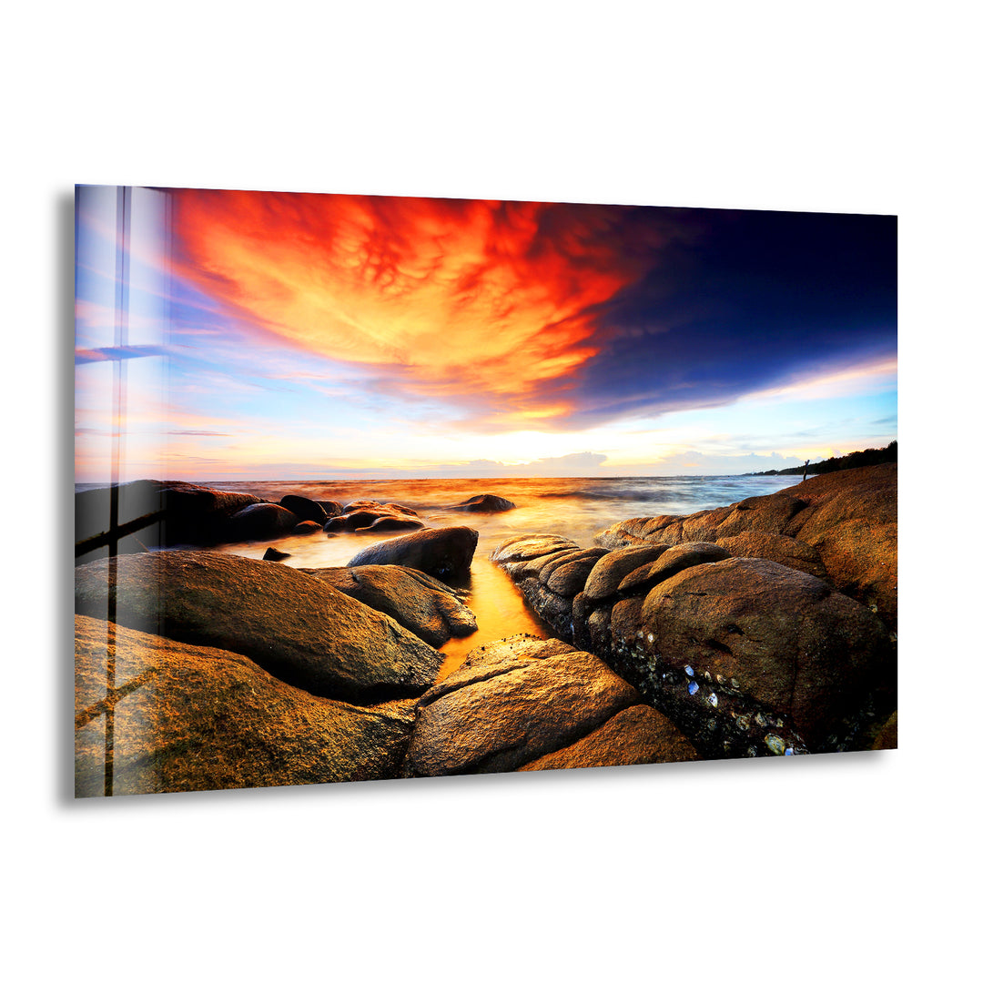 Stone Beach Sunset Glass Wall Art custom glass photo prints, large glass prints