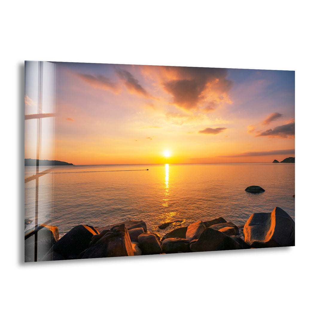 Sunset Rocks Sea Glass Wall Art print on glass, glass printed photos