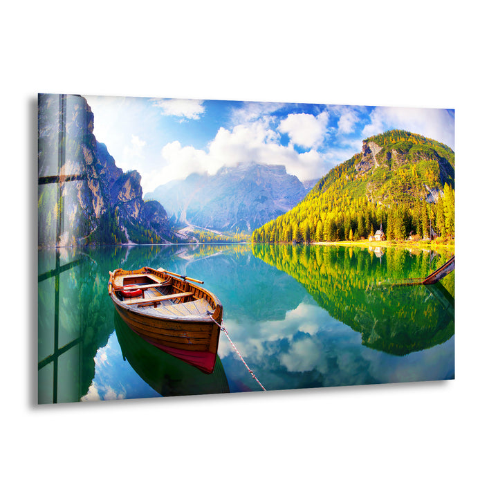 Autumn Boat on Lake Glass Wall Art large glass photo prints, glass wall photos