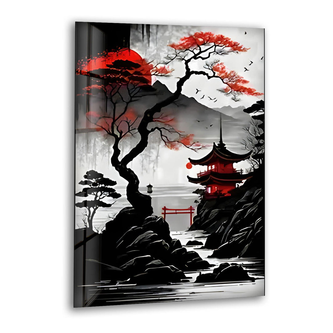 Red Moon Japan Art Glass Wall Art print picture on glass, Tempered Glass Wall Art
