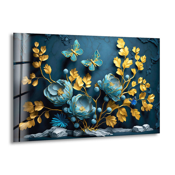 Yellow & Blue Flower 3D Glass Wall Art print picture on glass, Tempered Glass Wall Art
