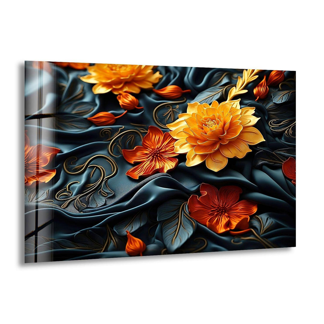 Botanical Orange & Black Flower Glass Wall Art custom glass pictures, glass art prints
