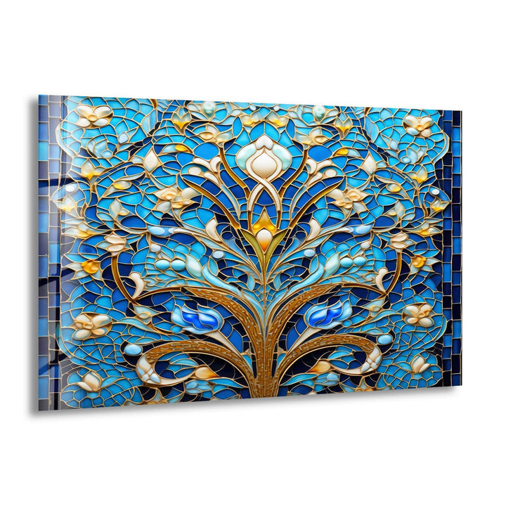 Blue Mosaic & Stained Design Glass Wall Art print picture on glass, Tempered Glass Wall Art
