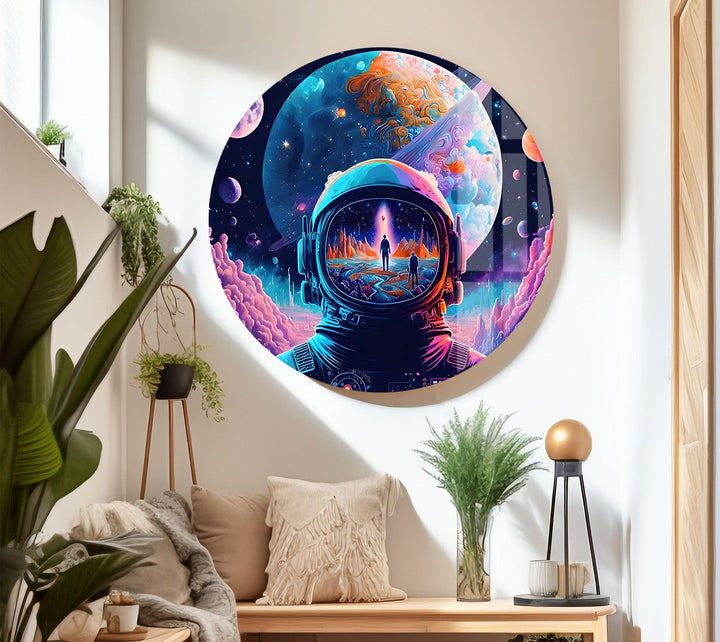 Neon Purple Astronaut Glass Wall Art photo print on glass, prints on glass wall art
