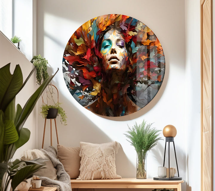 Woman with Colored Leafs Glass Wall Art picture on glass wall art, photos printed on glass
