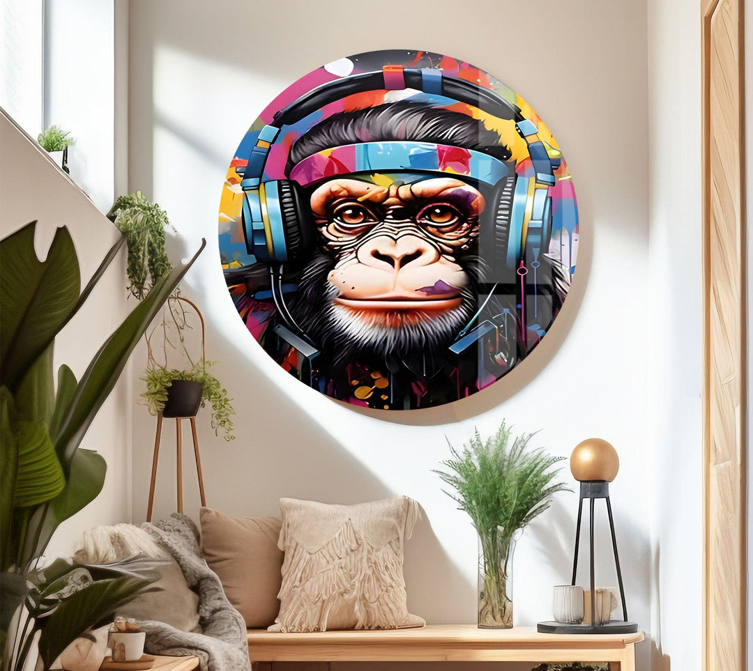 Monkey with Headphones Glass Wall Art photo print on glass, prints on glass wall art
