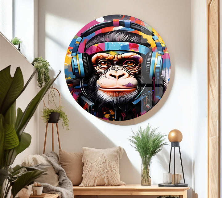 Monkey with Headphones Glass Wall Art photo print on glass, prints on glass wall art
