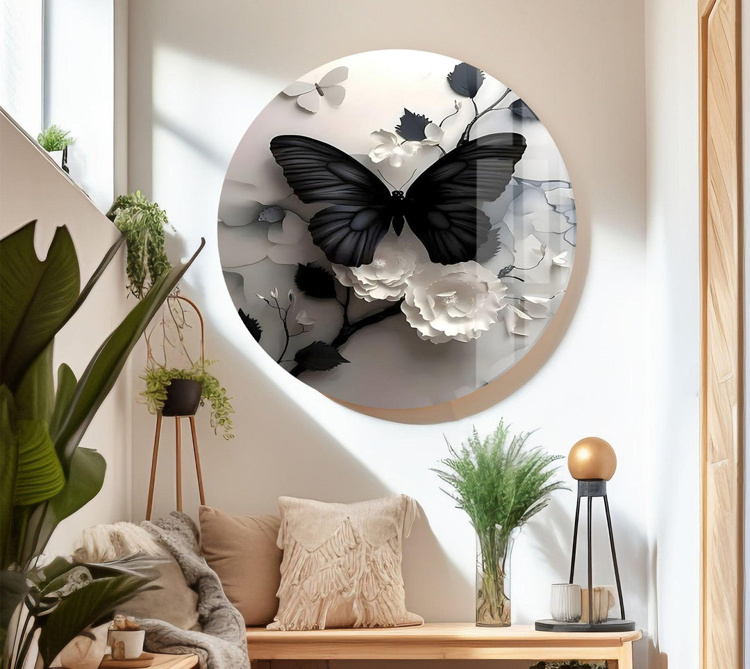 Black Butterfly & Flowers Glass Wall Art glass art painting, glass art for the Wall
