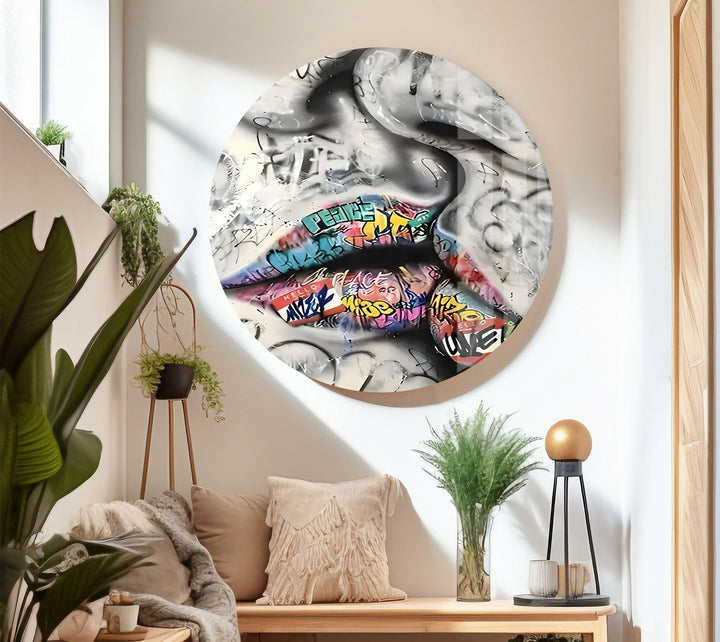 Graffiti Lips Black and White Glass Wall Art art glass wall art, glass wall art pictures
