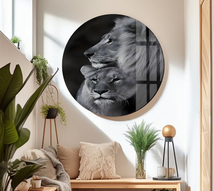 Black & White Lion Family Glass Wall Art stained glass wall art, stained glass wall decor
