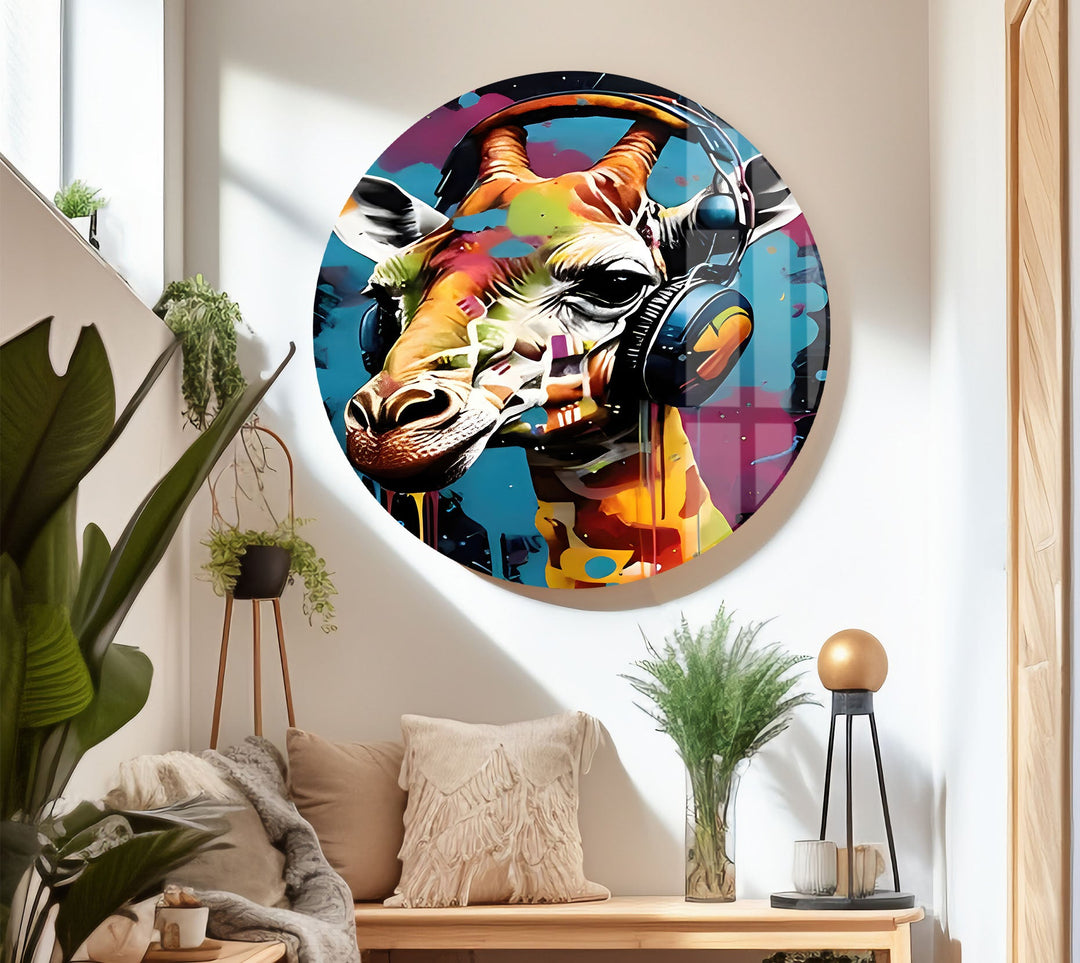 Giraffe with Headphones Glass Wall Art custom glass pictures, glass art prints
