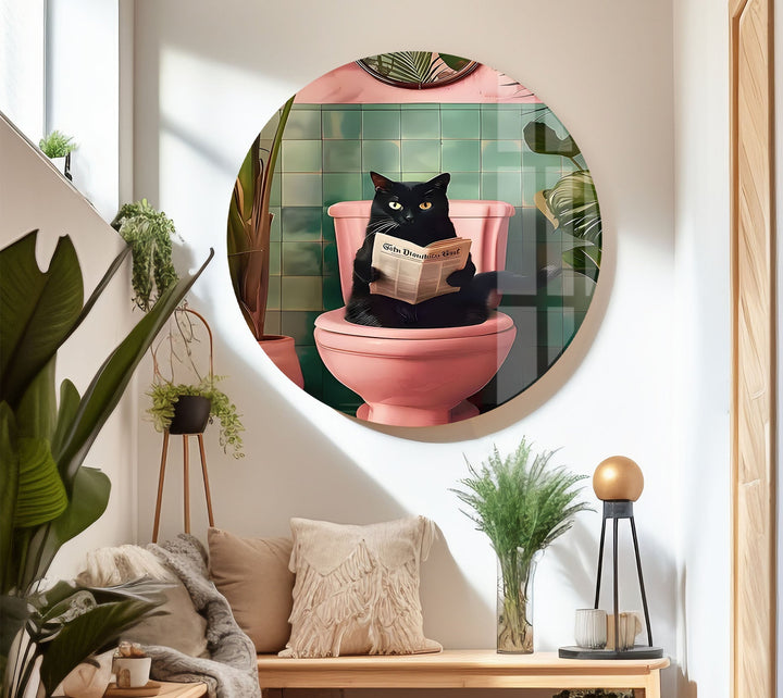 Cat Reading on Toilet Glass Wall Art print picture on glass, Tempered Glass Wall Art
