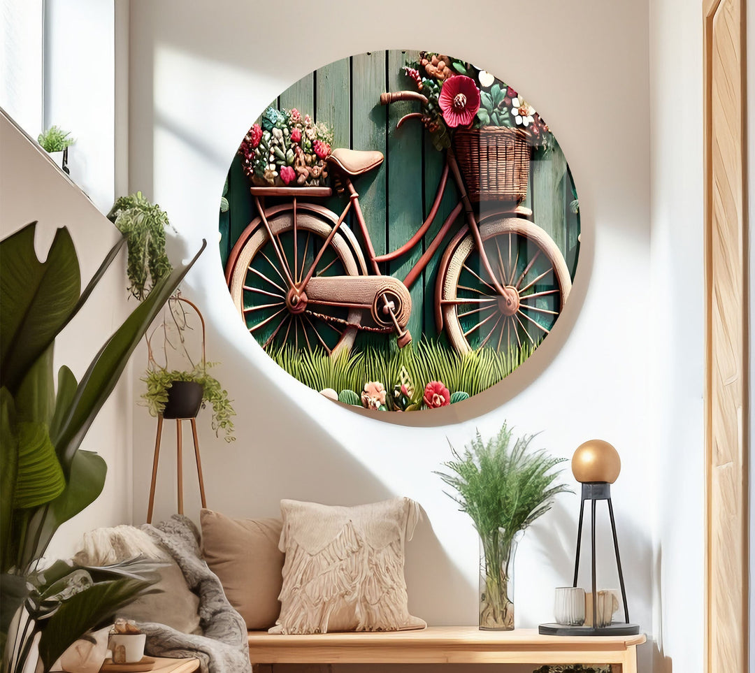 Bicycle with Flowers Glass Wall Art glass wall decor, glass wall art decor
