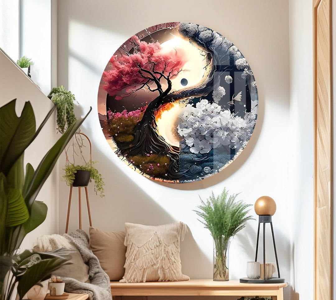 Yin Yang Flower Tree Glass Wall Art picture on glass wall art, photos printed on glass
