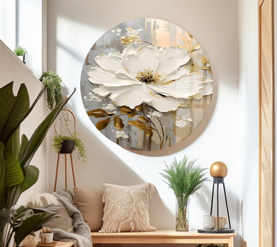 White and Brown Oil Art Flower Glass Wall Art custom glass photo prints, large glass prints
