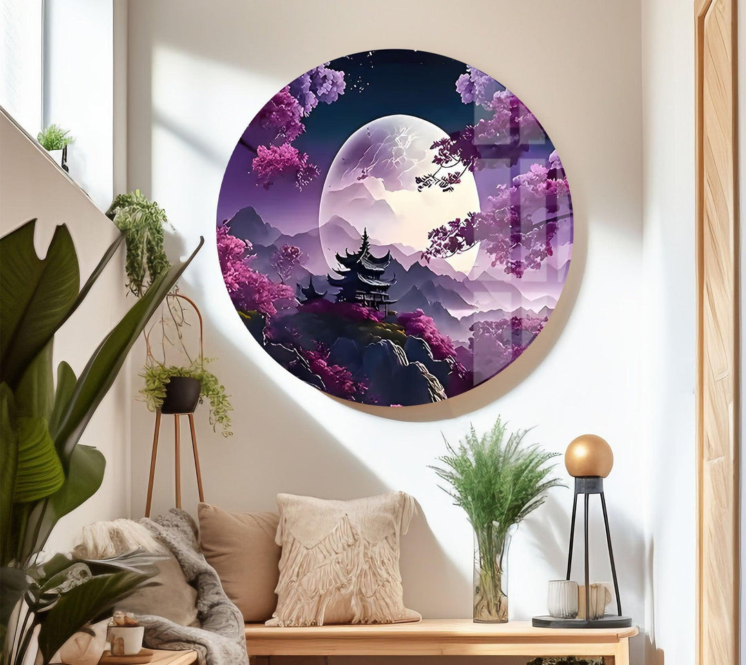 Japanese Temple Purple Sunset Glass Wall Art glass image printing, glass prints from photos
