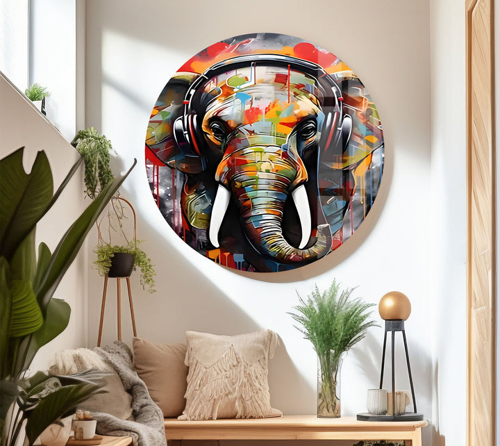 Elephant with Headphones Glass Wall Art glass image printing, glass prints from photos
