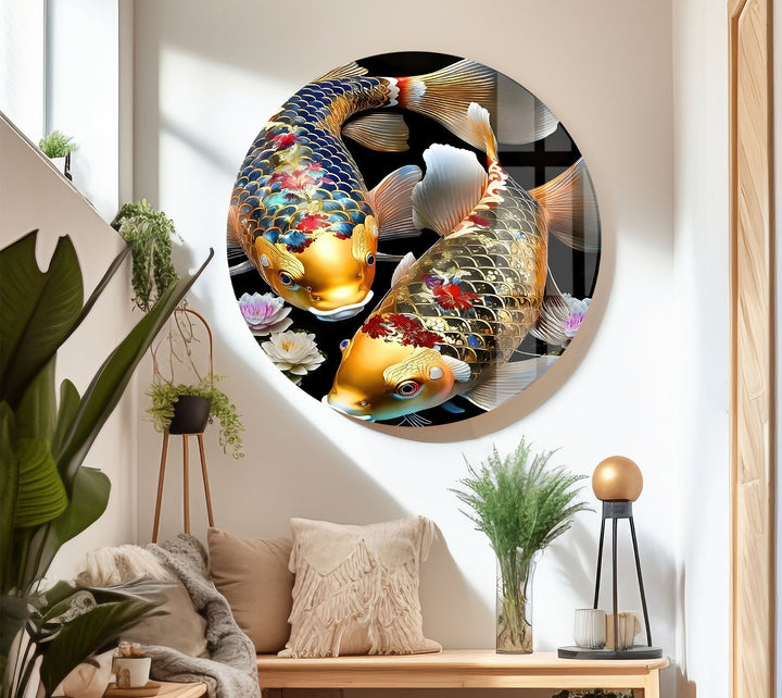 Golden Koi Fishes & Flower Glass Wall Art glass art painting, glass art for the Wall
