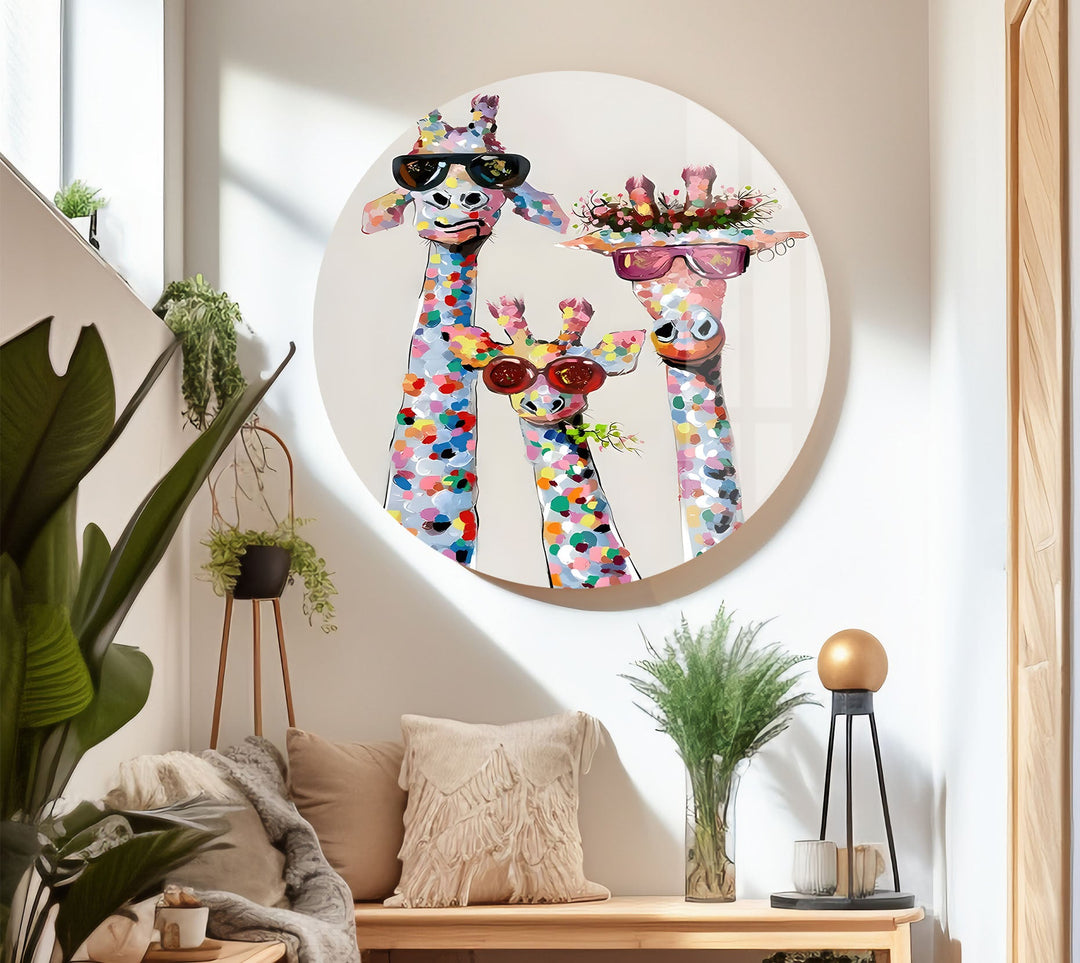 Colorful Giraffes Glass Wall Art glass art painting, glass art for the Wall
