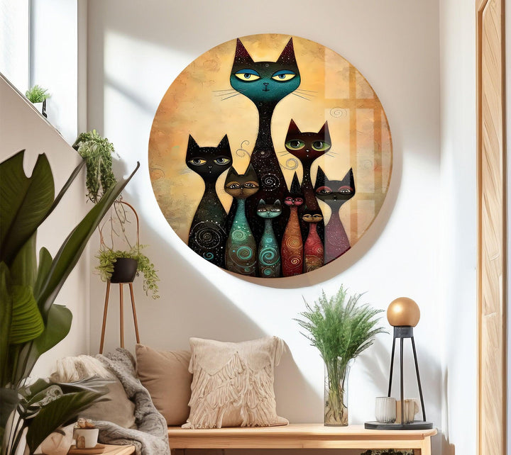 Cat Family Portrait Glass Wall Art custom glass pictures, glass art prints
