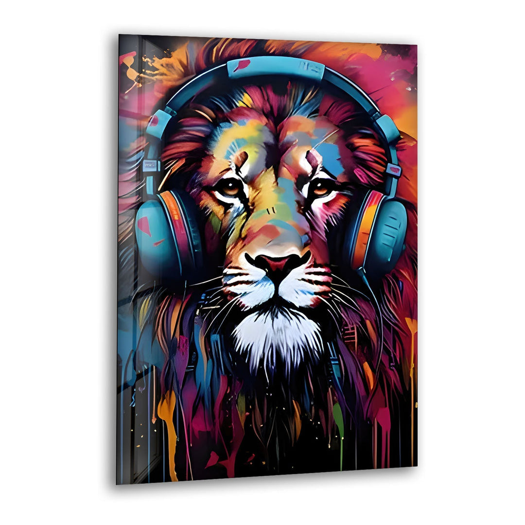 Lion with Headphones Glass Wall Art print on glass, glass printed photos
