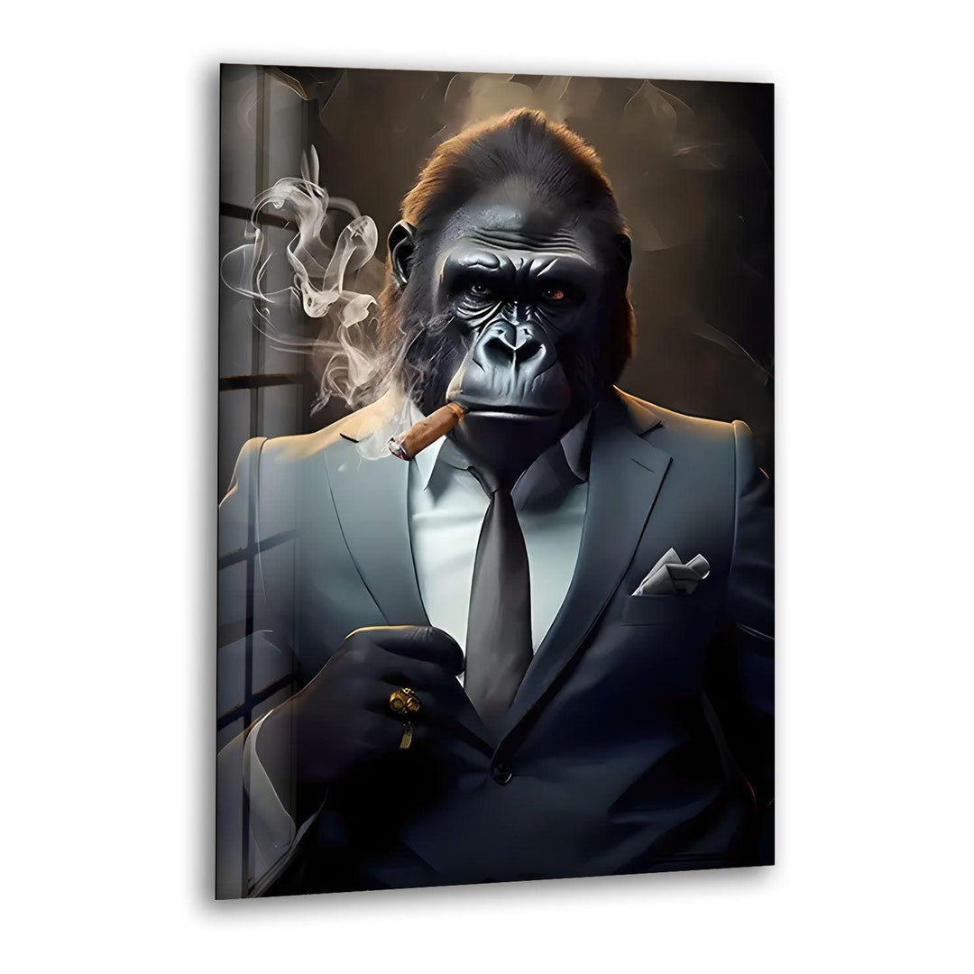 Gorilla Smoking Glass Wall Art custom glass pictures, glass art prints
