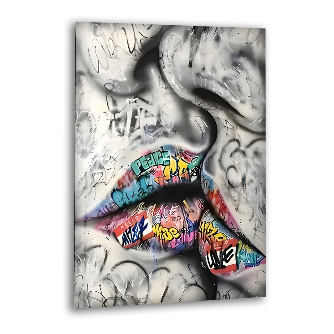 Graffiti Lips Black and White Glass Wall Art glass wall decor, glass wall art decor
