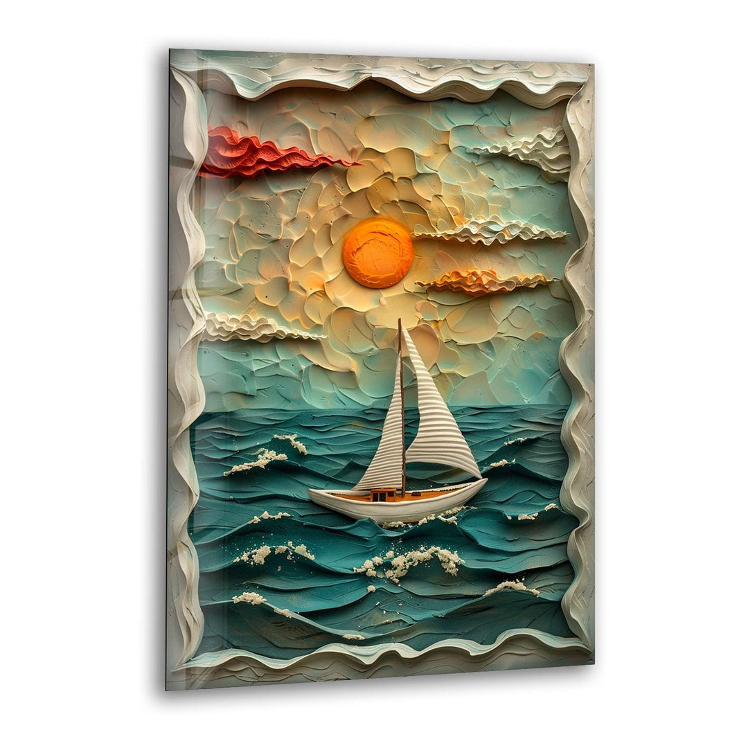 Sunset & Boat Clay Glass Wall Art glass art painting, glass art for the Wall
