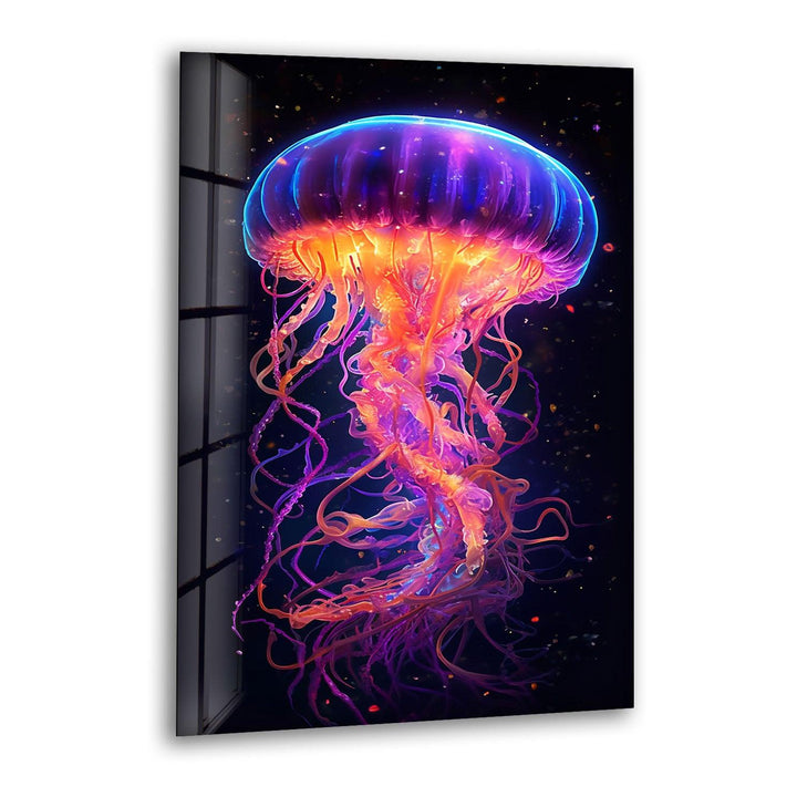 Jelly Fish Color Neon Glass Wall Art print picture on glass, Tempered Glass Wall Art
