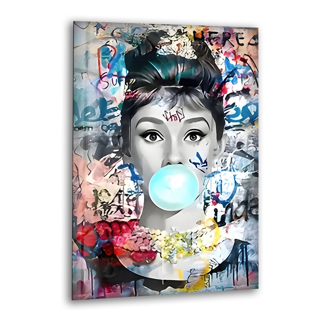 Pop Art Woman With Gum Glass Wall Art photo print on glass, prints on glass wall art
