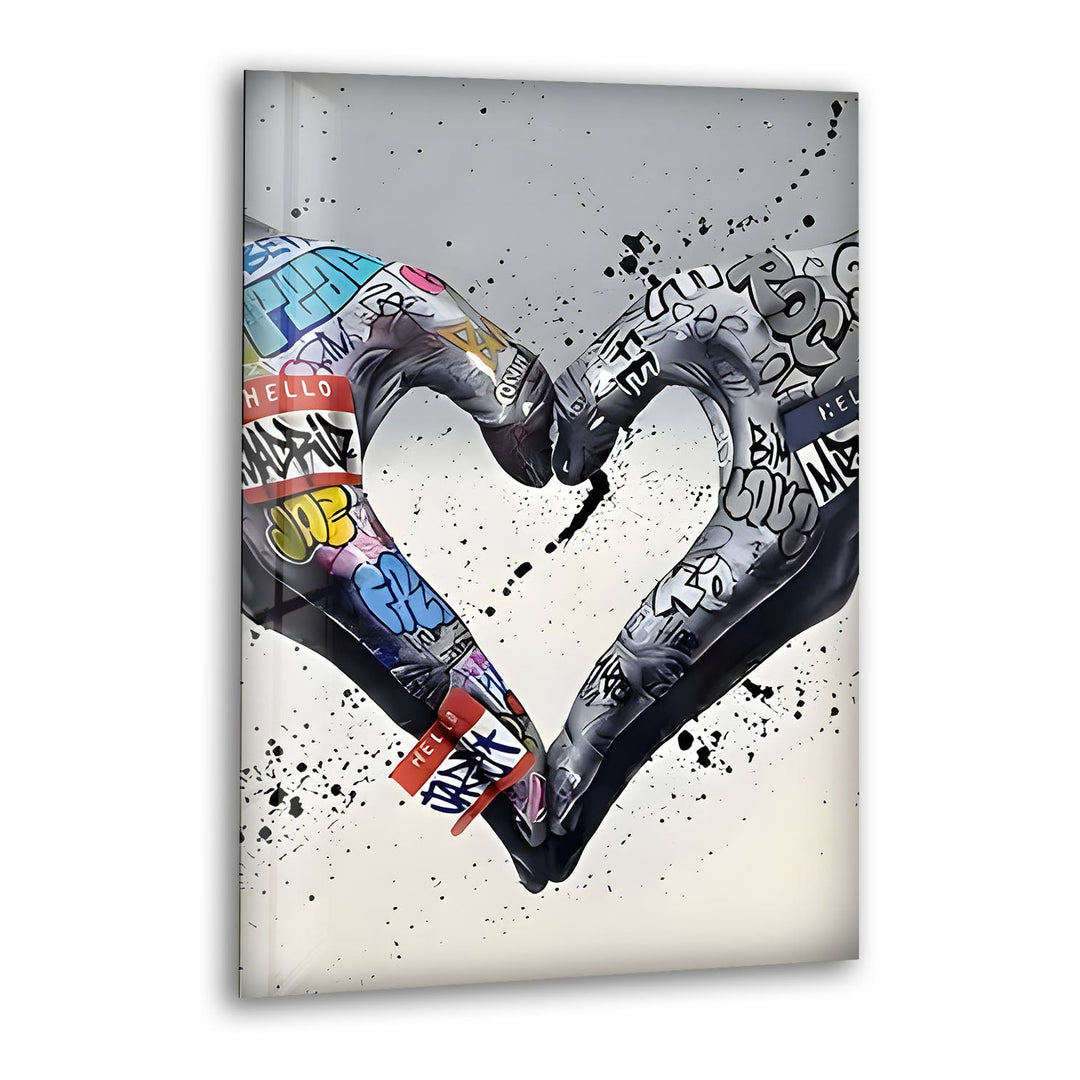 Graffiti Heart Black and White Glass Wall Art print picture on glass, Tempered Glass Wall Art
