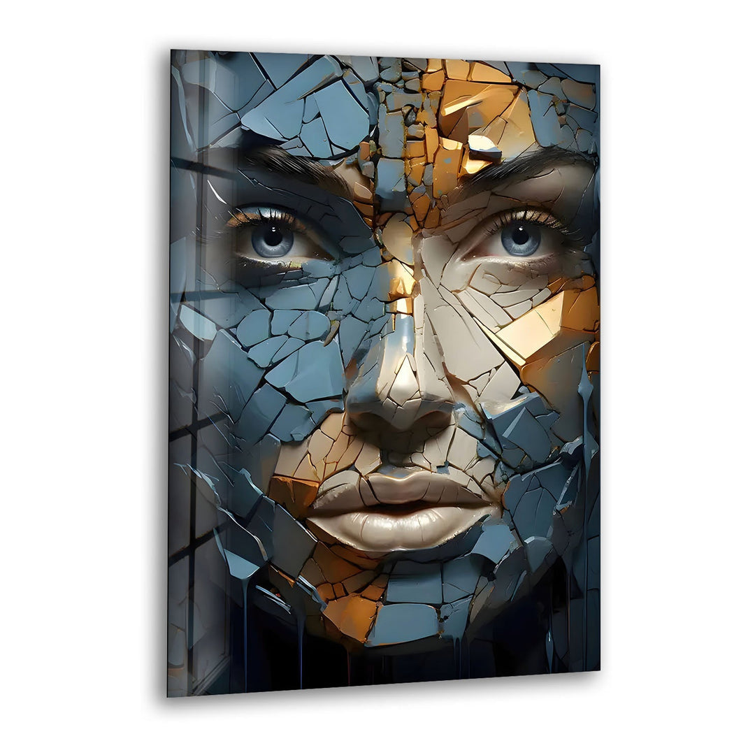 Blue Cracked Design Woman Glass Wall Art glass pictures for Wall, glass prints wall art
