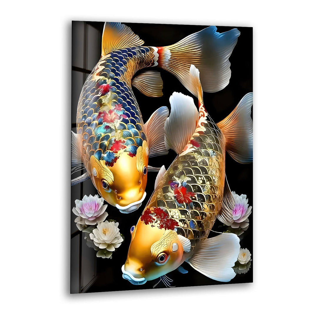 Golden Koi Fishes & Flower Glass Wall Art glass wall decor, glass wall art decor
