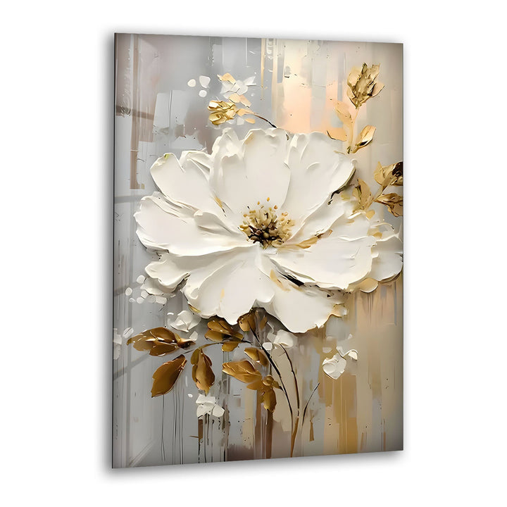 White and Brown Oil Art Flower Glass Wall Art glass photo prints, glass picture prints
