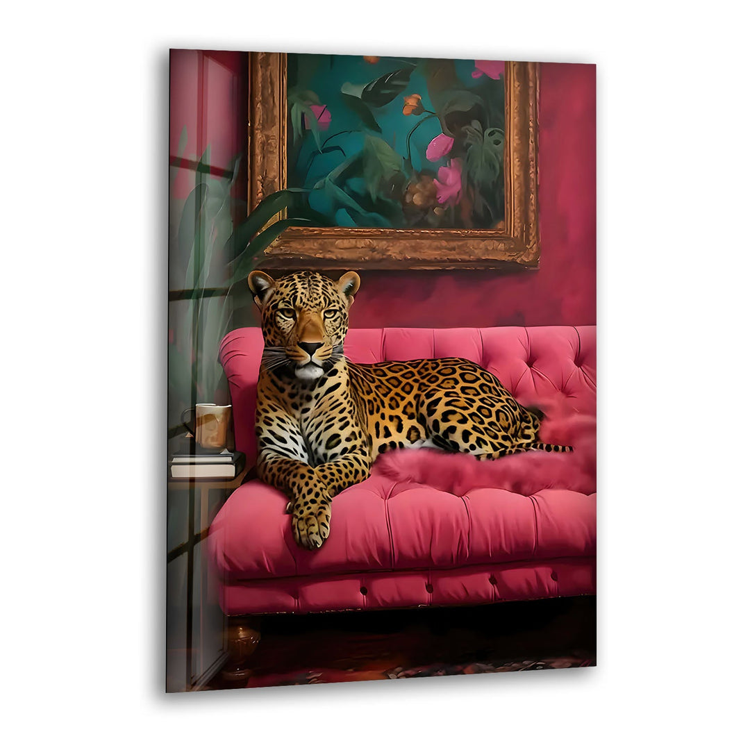 Leopar Sitting on Pink Seat Glass Wall Art glass image printing, glass prints from photos
