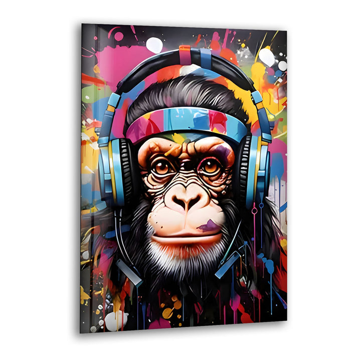 Monkey with Headphones Glass Wall Art stained glass wall art, stained glass wall decor
