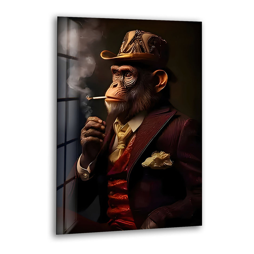 Old Monkey Smoking Glass Wall Art print picture on glass, Tempered Glass Wall Art
